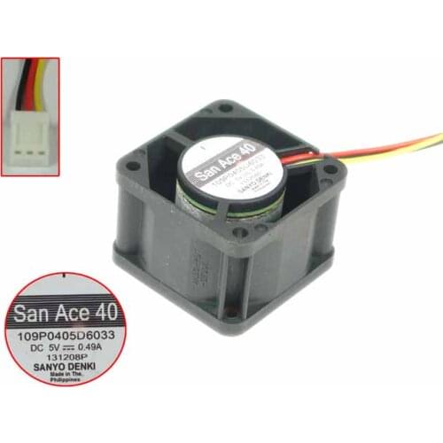 Sanyo Denki 109P0405D6033 DC 5V 0.49A 40x40x28mm 3-Wire Server Cooling Fan