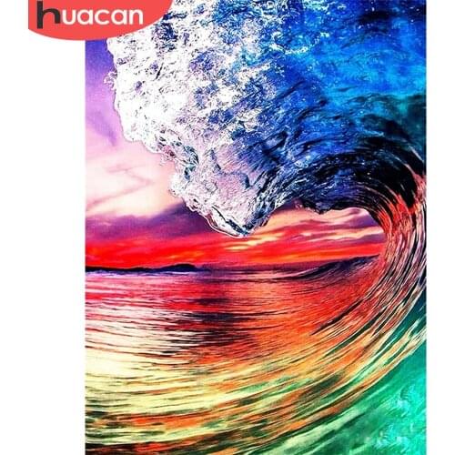 HUACAN Diamond Embroidery Waves Diamond Painting Landscape Sea Full Drill Square Mosaic Sunset Home Decoration