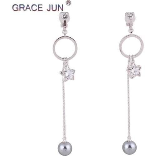 GRACE JUN Womens Cubic Zircon Simulated Pearl Five-pointed Circle Clip on Earrings No Pierced High Quality Long Tassel Earrings