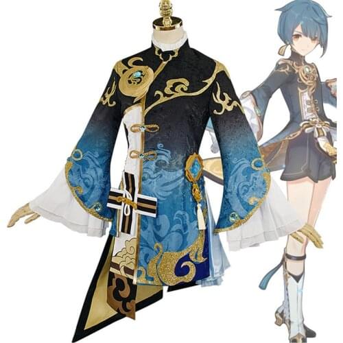 Game Genshin Impact Xingqiu Cosplay Costumes Set Cheongsam Dress Shorts Socks Accessories Wig Adult Unisex Suit