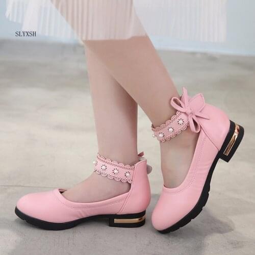 Small high heels Girls leather shoes 2018 spring new childrens black performance shoes kids Princess student bow dance shoes