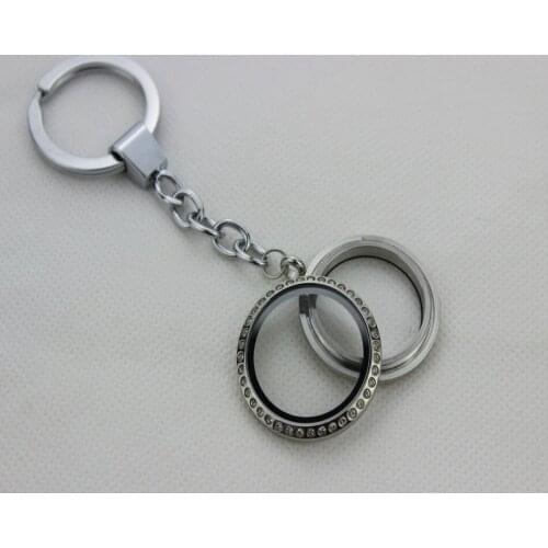 Round Crystal Screw Living Floating Locket Keychains DIY Stainless Steel Locket Keychain Keyrings 5PCS