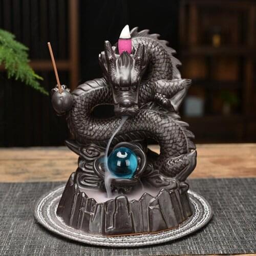 Dragon Backflow Incense Burner With 20 Pcs Cones Crystal Ball Smoke Waterfall Incense Sticks Holder Purple Clay Censer Decor