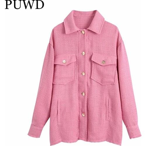PUWD Loose Women Pink Texture Shirt Jacket Autumn/Winter 2021 Woolen Casual Streetwear Solid Color Trendy Burrs Female Outwear