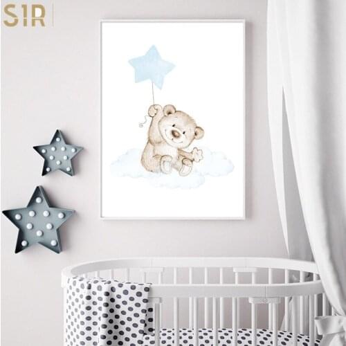 Moon Star Bear Child Wall Poster Canvas Art Print Simple Cartoon Painting Nordic Kids Decoration Picture Baby Boy Bedroom Decor