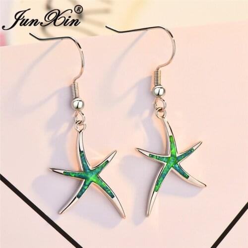 Cute Starfish Drop Earrings For Women White Gold Blue Green Fire Opal Earrings Star Dangle Earring Female Wedding Jewelry Gifts