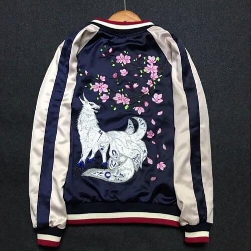 Mens Unisex Japanese Fox Floral Embroidered Sukajan Souvenir Flight Jacket Bomber Coat Chic Outwear Slim Fit New Arrval