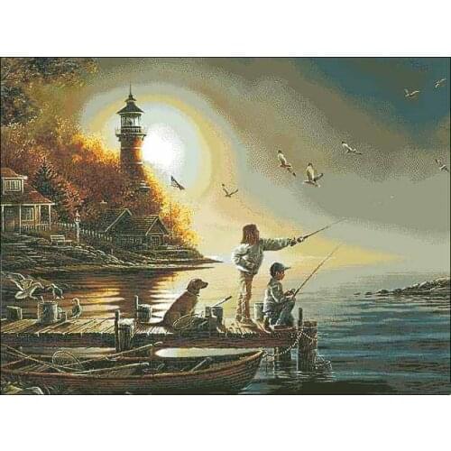 Kid Fishing by the Sea Sewing kit Top Quality Embroidery Needlework 14CT Unprinted Art Cross Stitch Kits DIY Handmade Decor