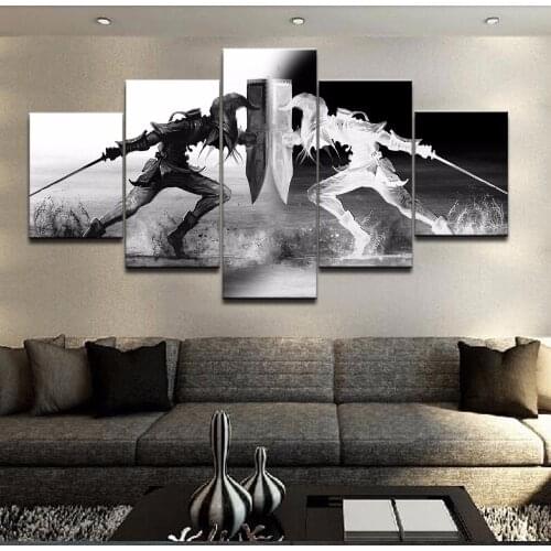 Wall Art Vikings Pictures Home Decor 5 Pieces Black and white knight Canvas Painting Living Room HD Printed Cartoon Game Poster