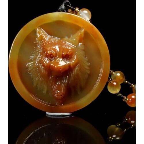 Nature Huang Long Jade Pendant Wolf Head Amulet with Mala Bead Hanging Charms churinga