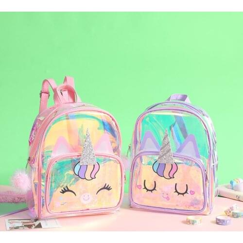 2021 New Unicorn Transparent Backpack Cartoon Tpu Childrens Laser Colorful Backpacks Girls Spring Outing School Bag Kids Bags