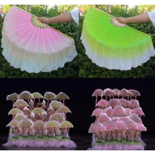 Wholesale 53cm Classical Jasmine Dance Double Fan Veils Gradient Belly Dance Silk Veil Green Pink