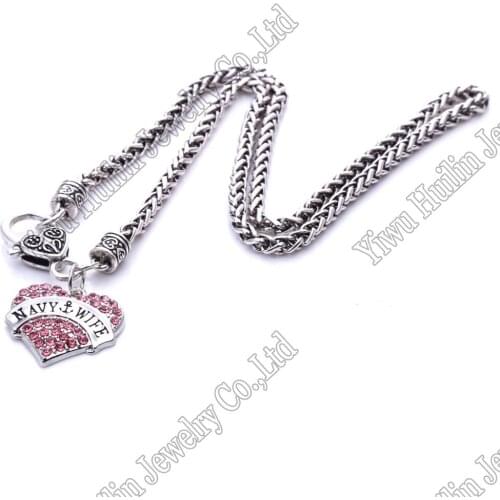 Heart Shaped Navy Wife with Clear Cystals Necklace