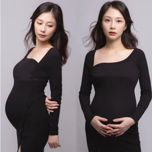 Shoulderless Maternity Dresses Photography Props Cotton Split Side Maxi Gown For Pregnant Women Long Pregnancy Dress Shoots