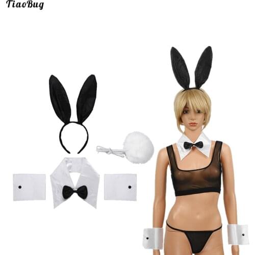 TiaoBug Rabbit Ear Headband Collar Bow Tie Costume Cuffs Bunny Tail Ball For Halloween Christmas Costume Cosplay Roleplay Party