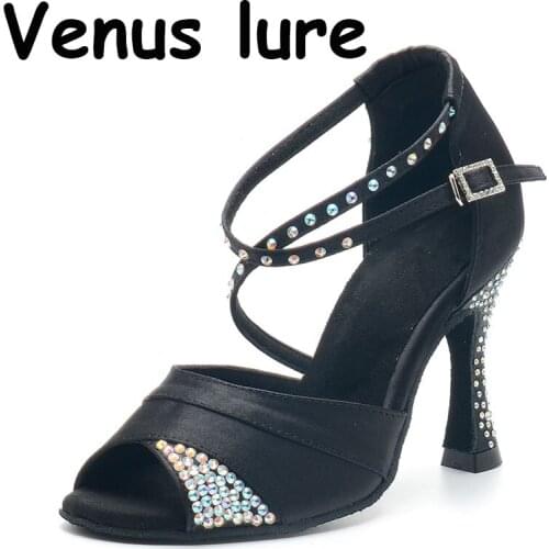 Black Dance Shoes Latin Woman Salsa Silk Satin Dancing Shoes Satin Rhinestone Professional Dance Shoes Ballroom Soft Bottom