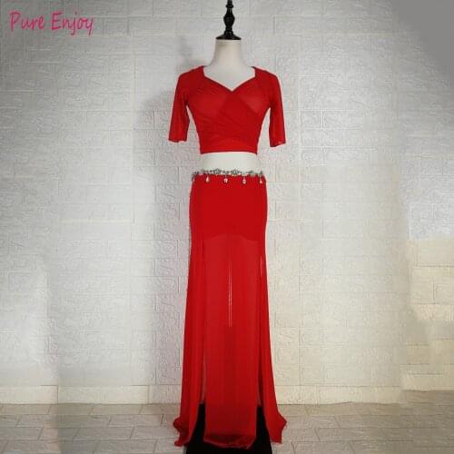 Women Belly Dance Set Top+long Skirt 2pcs Dance Suit Oriental Dance Beginners short Sleeve Exercise Clothes