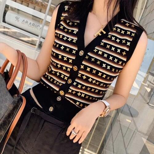 Fashion Women 2020 Casual Vests Sweater Elegant V Neck Sleeveless Stylish Luxury Beaded Outerwear Female Waistcoat Chic Tops