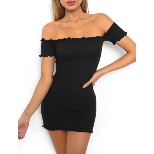 Women Fashion Sexy Off Shoulder Dress Slash Neck Skinny Black High Waist Mini Dress Outfit Evening Party Size S-XL