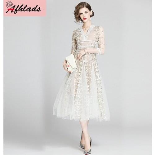 Fashion Dress Womens Summer 2020 New V-Neck Three-Quarter Sleeve Mesh Embroidery High Waist Vintage Streetwear Maxi Dress