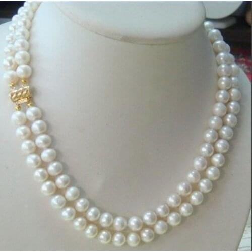 2 row 9-10MM AKOYA REAL WHITE PEARL NECKLACE >free shipping