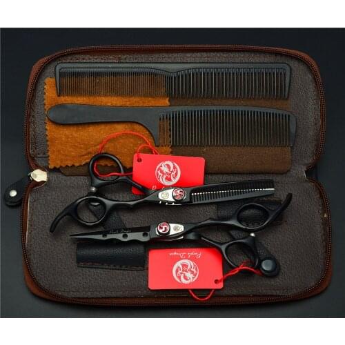 4Pcs Suit 6'' 440C Black Professional Human Hair Scissors Hairdressing Scissors Cutting Shears + Thinning Scissors + Combs Z1019