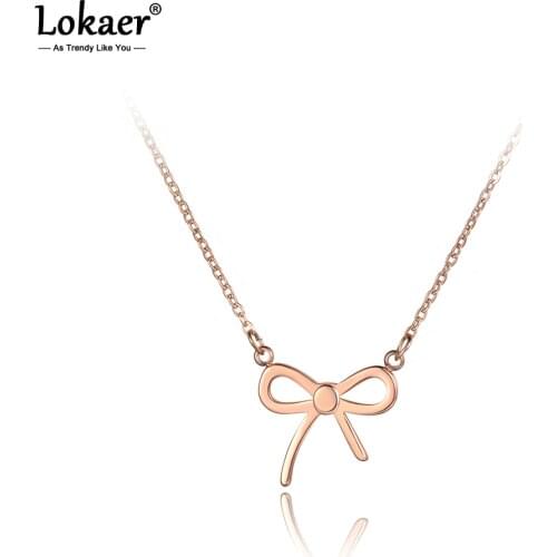 Lokaer Trendy Bowknot CZ Crystals Pendant Necklaces For Girls Rose Gold Titanium Stainless Steel Chain Necklace Jewelry N19133