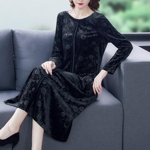 Fashion Velvet Dresses Plus Size 4XL Middle Aged Women Spring Autumn Dress 2020 New Casual Printed Long Sleeve Maxi Vestidos