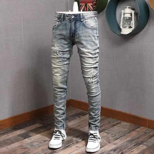 Italian Style Fashion Men Jeans High Quality Elastic Slim Fit Ripped Denim Trousers Retro Blue Vintage Designer Cotton Pants