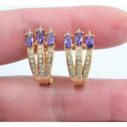 Gold Color Women Fashion Purple Cubic Zirconia CZ Huggie Earrings Jewelry