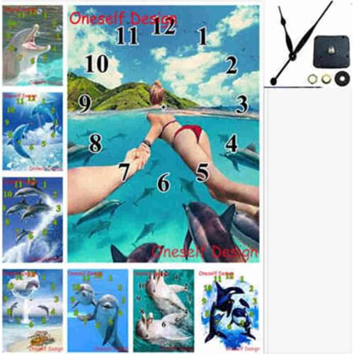 Dolphin diamond painting with Mechanical clock diamond art kit diamond embroidery full clock diamond mosaic sale wall sticker