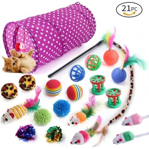 21 Pcs Cat Toy Kit Collapsible Tunnel Indoor Kitten Interactive Teaser Wand Mice Ball Pet Teeth Clean Fun Channel Feather Ball