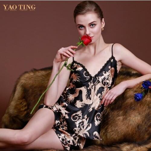 New Design Sexy Pajamas Women Luxury Dragon Printed Silk Pajamas Sets Summer Pajamas Sleepwear M/L/XL