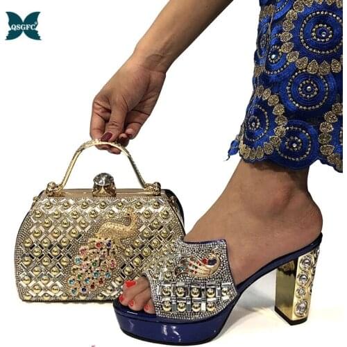 Sexy Ladies Matching Shoes and Bag Set in Dark blue Color Decorate with Rhinestone High Quality Shoes and Bag To Match For Party