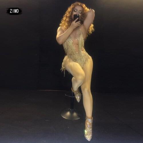Glittering Rhinestone Bodysuit Women Gold Red Tassels One-piece Jumpsuit Nightclub Dance Costume Stage Singer Performance Tights