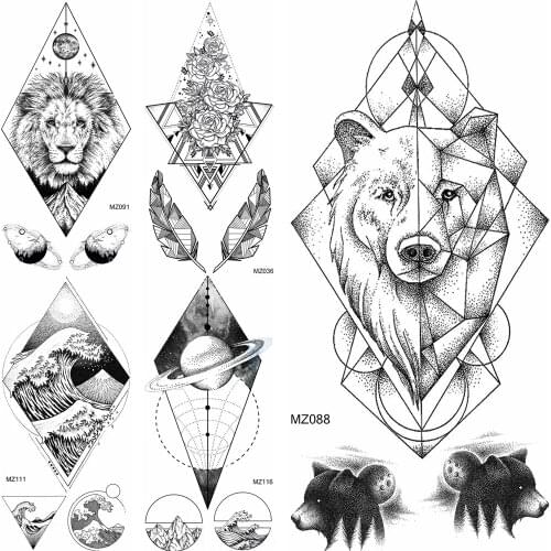 Dot Pattern Wolf Temporary Tattoos Fake Geometric Lion Flower Planets Tattoos Sticker Womens Fashion Body Art Arm Decor Tatoos