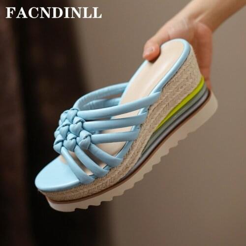 New Summer Slippers Shoes Woman Wedges High Heels Genuine Leather Ladies Blue Beige Dress Party Casual Shoes Woman Sandals 34-39