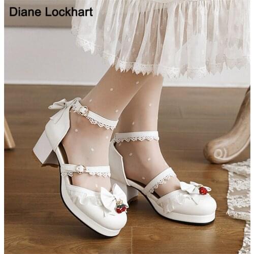 Spring Princess Lolita Girls Mary Janes Shoes Women Sweet Party Dress Cosplay Wedding Pumps Chunky Med Heels Strawberry 31-43