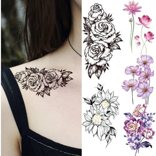 3D Black Rose Flower Sexy Chest Temporary Tattoos For Women Adult Daisy Lotus Peony Fake Tattoo Body Art Washable Tatoos Sticker