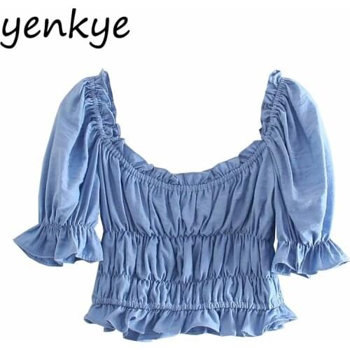YENKYE Fashion Women Blue Fungus Edge Elastic Crop Top Female Short Sleeve O Neck Streetwear Blusas Summer Tops