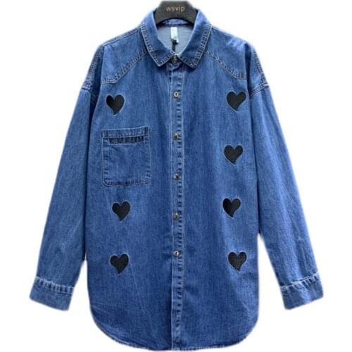 PERHAPS U Women High Street Blue Denim Love Embroidery Loose Long Sleeve Single-Breasted Denim Shirt B3999