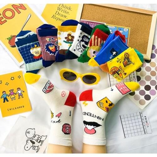 Woman funny art pattern socks cartoon anime illustration creative hip hop girl socks food animal flowers happy woman socks