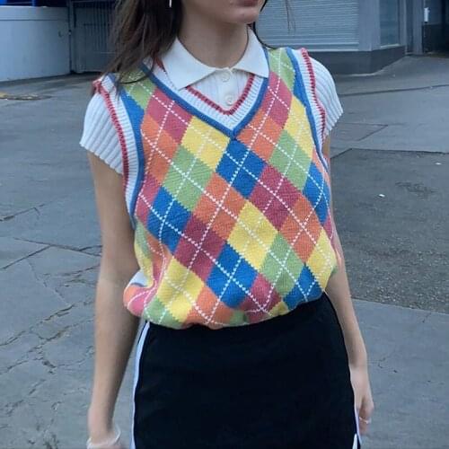 Women Argyle Plaid Knitted Sweater Vest Preppy Style V Neck Sleeveless Elastic Tank Top Y2K Knitwear E-Girls 90s Streetwear