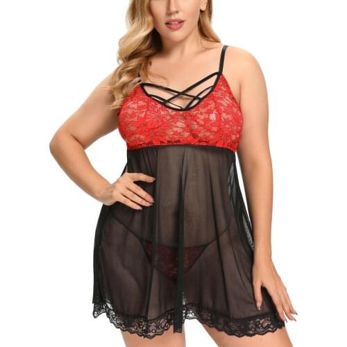Womens Plus Size Lingerie Set Floral Lace Trim Babydoll Sexy Strappy Chemise Sleepwear