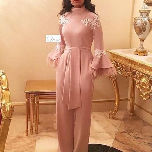 Jumpsuit prom dresses 2020 high neck lace appliques long sleeve feather panty evening dresses formal dresses