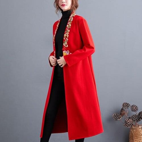 Chinese Ethnic Embroidery Robe Women Jacket Winter Long Style Cotton Loose Coat Female National Style Big Size Outwear 11574