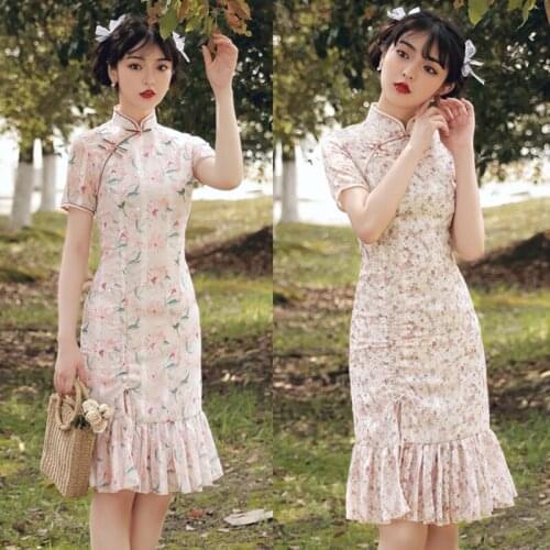 New Chinese Traditional Women Qipao Clothing Dress Short Sleeve Slim Cheongsam Flower Print Oriental Collar Tight Bodycon Dress