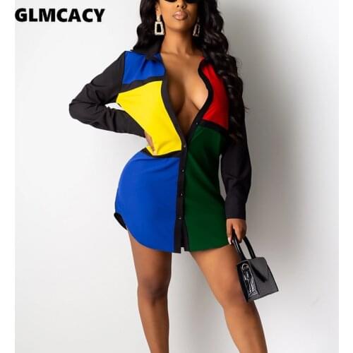 Women Patchwork Color Block Long Sleeve Shirt Dress Turn Down Collar Button Asymmetrical Shirt Dress Casual Autumn Dress
