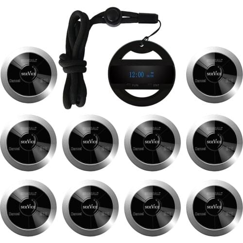 SINGCALL Wireless Calling System, Restaurant Call Button, 1 Lanyard Watch Receiver with 10 Three-Key Pagers APE330 Silver