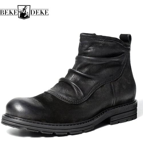 Winter Genuine Leather British Nubuck Cowhide Mens Chelsea Boots Fashion New Zip Round Toe Low Heel High Top Male Ankle Shoes